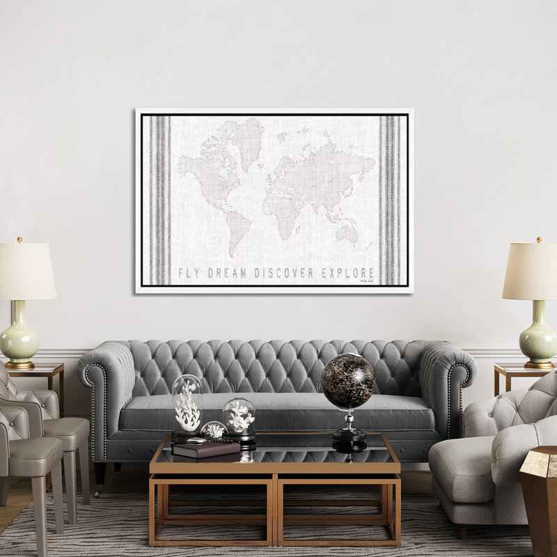 Fly, Dream, Discover, Explore Map 1 Piece Wall Art on Canvas, 101.6cm H x 152.4cm W x 3.81cm D, White Framed Canvas