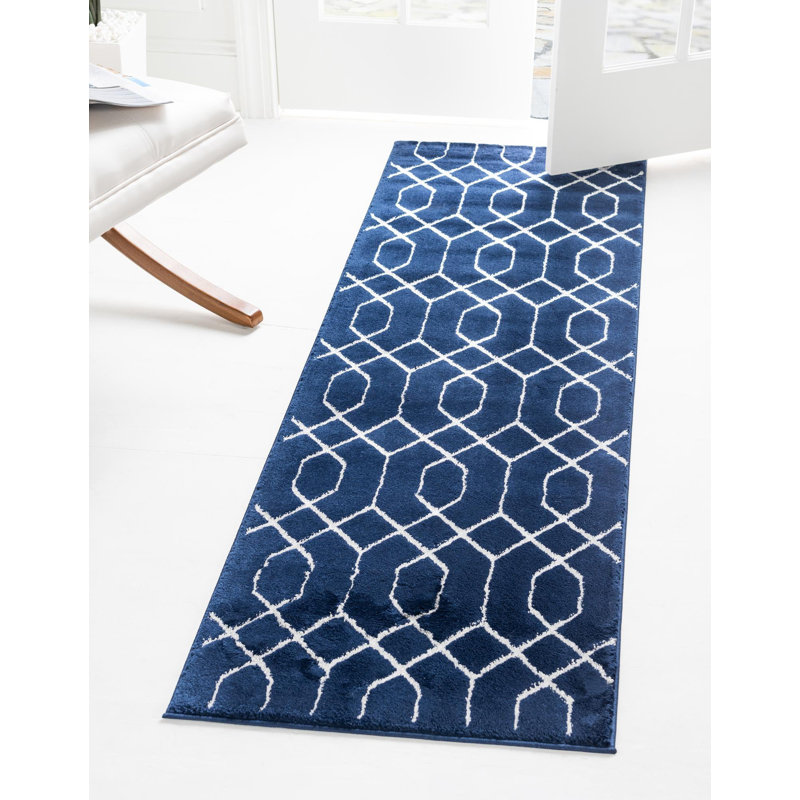 Glam Navy Blue Silver Area Rug, Runner 2' x 6'1"