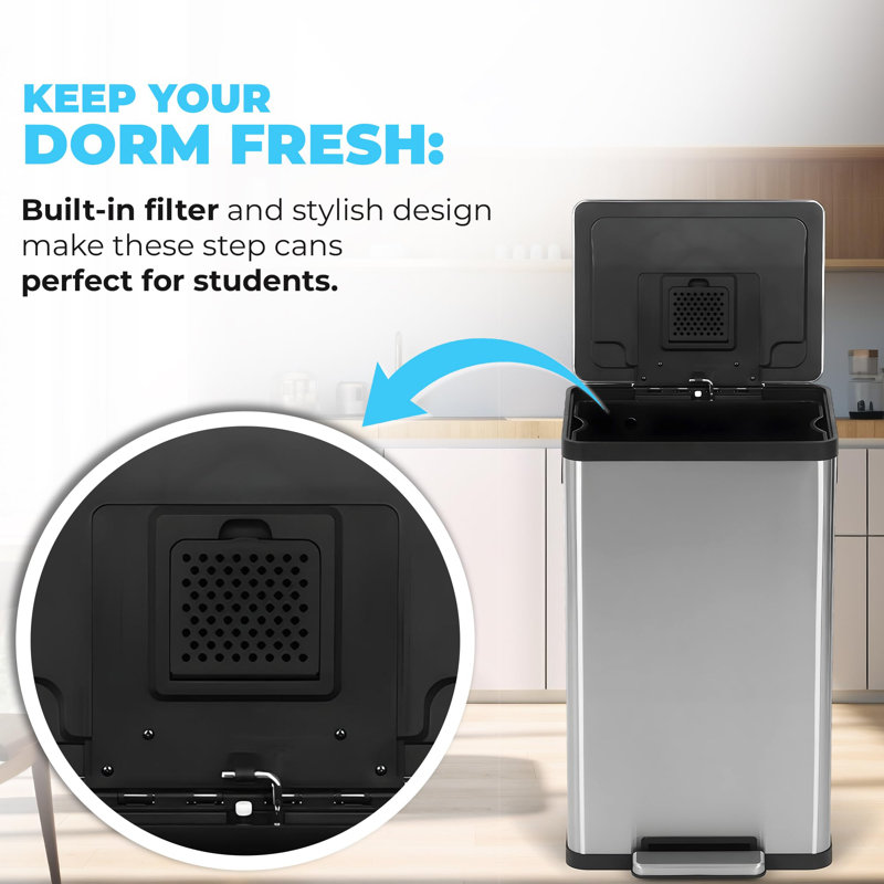 Soft-Close, Smudge Resistant Trash Can With Foot Pedal And Built In Filter- Stainless Steel, Sleek Finish