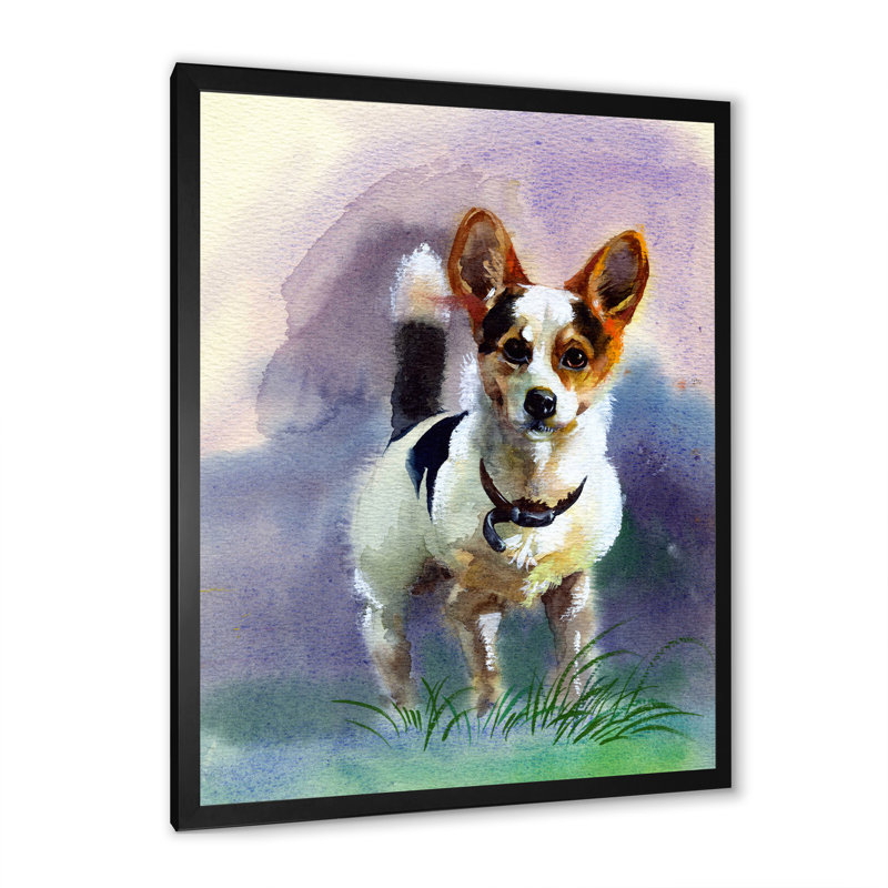Portrait d'un petit chien blanc - peinture sur toile, H 40 po x l 30 po, Cadre photo noir