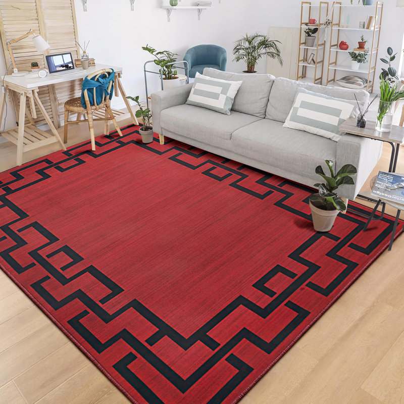 Lexi Red Geometric Border Area Rug - Vibrant Rug with Bold Black Frame, Rectangle 40 x 60 cm