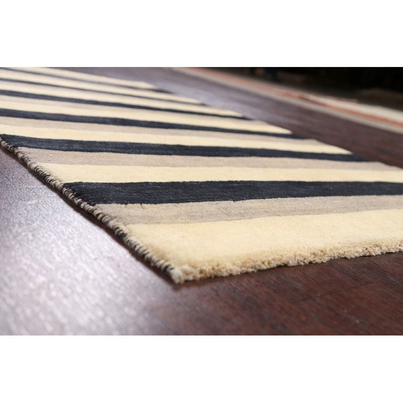Tapis noir / beige en laine noué à la main de conception unique 3 pi 1 po x 4 pi 10 po New Age