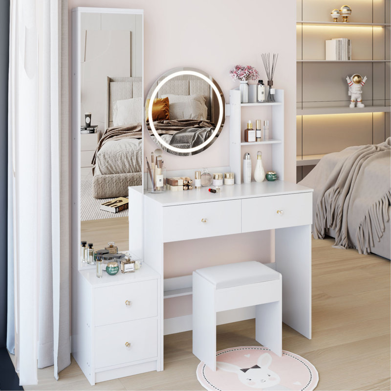 Armoire à miroir pleine grandeur + coiffeuse à miroir rond à DEL + tabouret rembourré, miroir à DEL de 17 po de diamètre, commande tactile, 3 couleurs, luminosité réglable, grand bureau, rangement multicouche à grande capacité