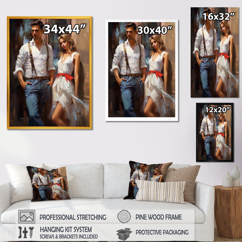 «Before The Dance Young Couple», reproduction sur toile, H 40 po x l 30 po x P 1,5 po, Cadre flottant doré