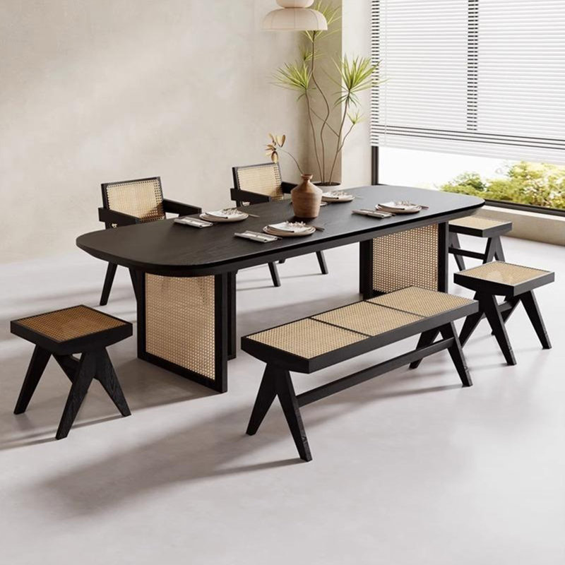 Solid wood table set with rattan legs, 29.52" H x 78.74" L x 31.49" W