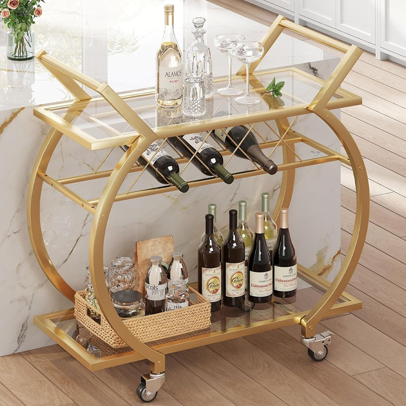 Chariot de bar doré avec rangement pour verres, chariot de service à vin roulant, organisateur de boissons pour la maison