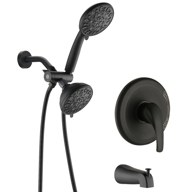 Matte Black Shower System With High Dual . 7 Spray Modes For Pampering. All Metal. 1.8 Gpm Flow. 59" Hose. 1/2" Connection. Wall Mounted Tub Spout - Black. 2 In 1 Faucet Valve. Comfortable Shower.