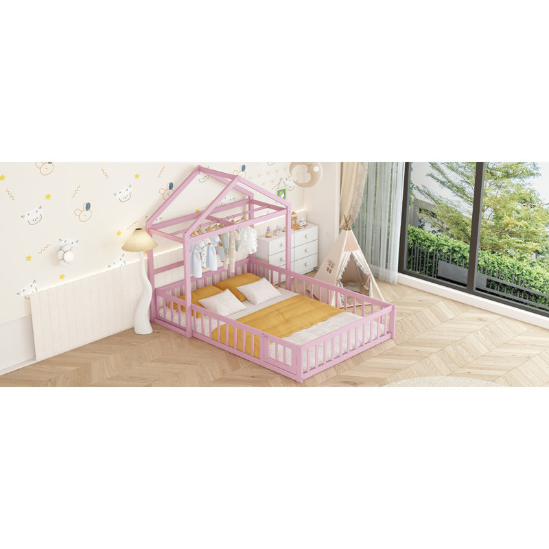 Lit en bois avec rampes et tête de lit détachable en forme de maison, lit double avec support pour enfants, structure de maison de jeu de style Montessori pour filles, rose
