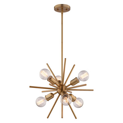 Ittai Estelle 6-Light 19 in. Wide Natural Brass Gold Mid-Century Modern Sputnik Pendant, LED Compatible, Adjustable Height Hanging Ceiling Fixture for Dining Table, Kitchen, Entryway, Bedroom, Island, Foyer