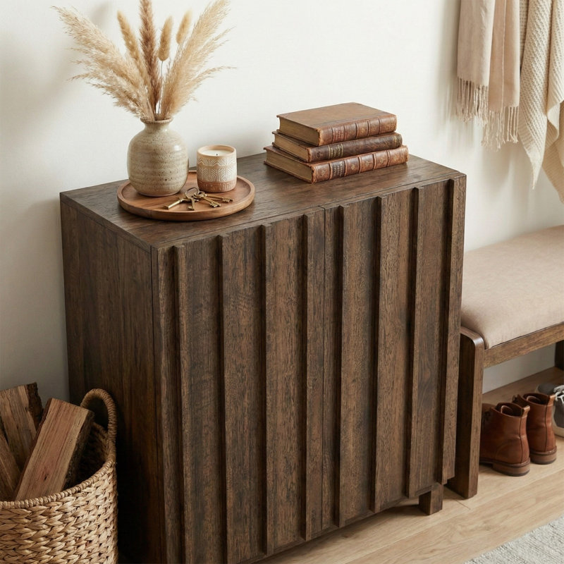 Araminta 32" 12-Pair Entryway Shoe Storage Cabinet with Fluted Front Doors, Walnut