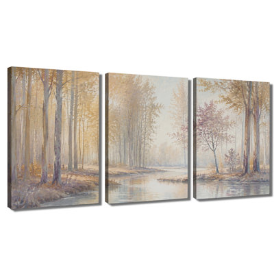 Tableau en trois panneaux « Forêt fluviale d'automne aux tons doux », impression sur toile tendue