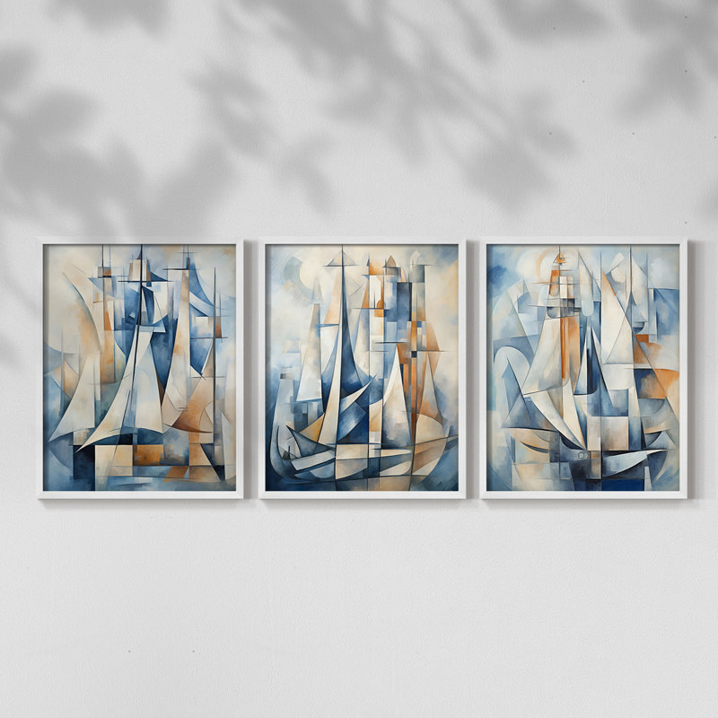 Série Sea and Shore XCII - Ensemble de 3 estampes numériques - Prêt à accrocher, Blanc, H 28 po x l 66 po