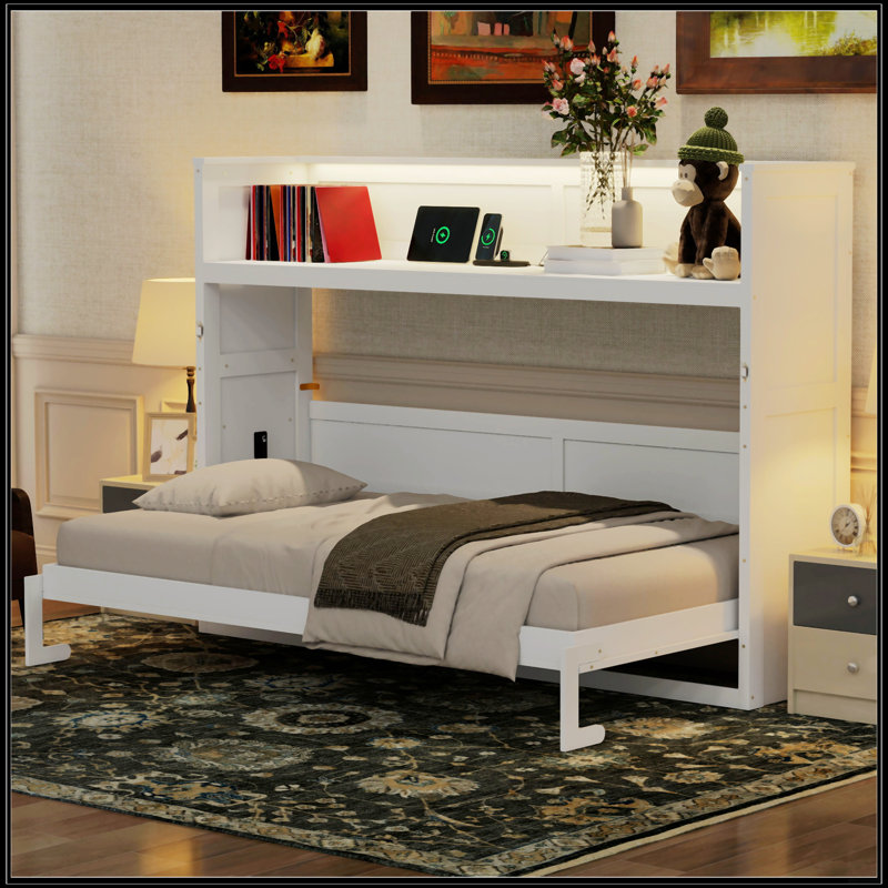 Lit escamotable simple TG avec bureau à DEL et port USB, White