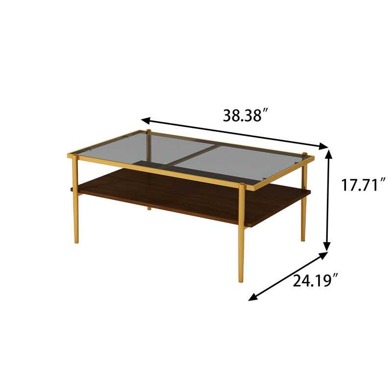 Modern stycle coffee table with glass top and a  wood shelf, metal frame, Gold/Brown