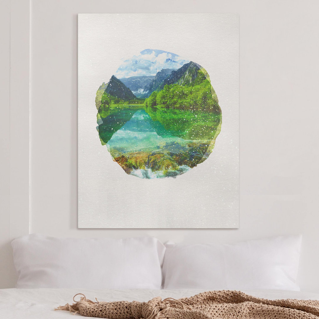 Leinwandbild Aquarell Bergsee mit Spiegelung