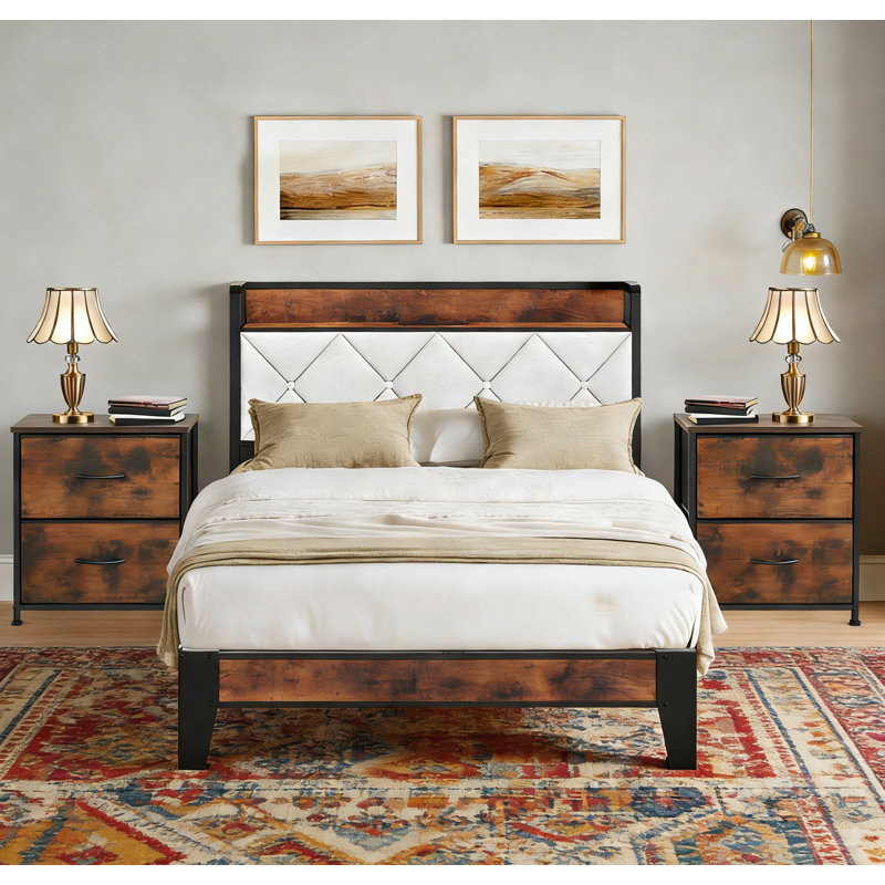 3-Piece Platform Bed Frame With Storage Headboard And Charging Station, Metal Bed With Nightstand Set Of 2, No Box Spring Needed