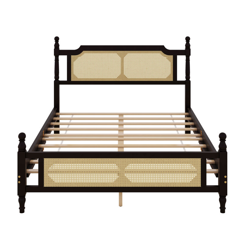 Base de lit en bois avec tête de lit en rotin, Espresso, Grand
