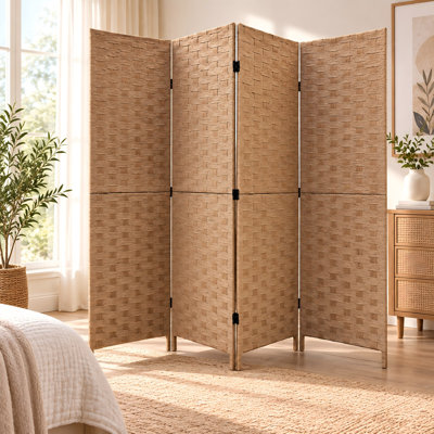 Paravent pliant en rotin tressé à la main de 1,80 m (6 pi), composé de 4 panneaux et d'un cadre en bois de peuplier. Cloison autoportante idéale pour chambre, salon, bureau ou studio.