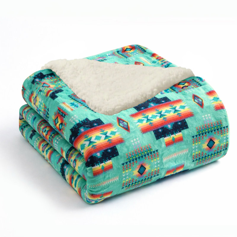 Couverture en molleton moelleux avec revers en sherpa, L 40 po x L 60 po, Géométrique sarcelle