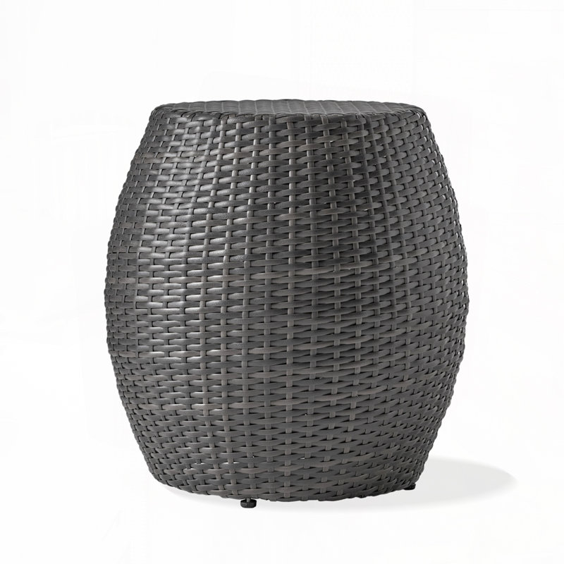 Patio Side Table With Round Top ,Ratten Wicker, Gray