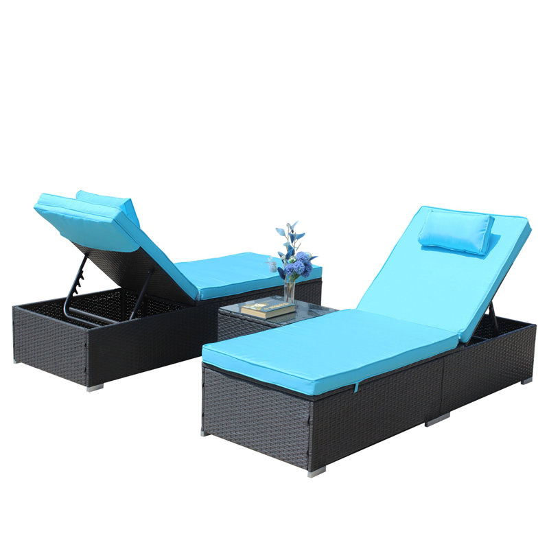 3-Piece Outdoor Patio Furniture Set Chaise Lounge, Patio Reclining Rattan Lounge Chair Chaise Couch Cushioned With Glass Coffee Table, Adjustable Back And Feet, Lounger Chair For Pool Garden, Blue