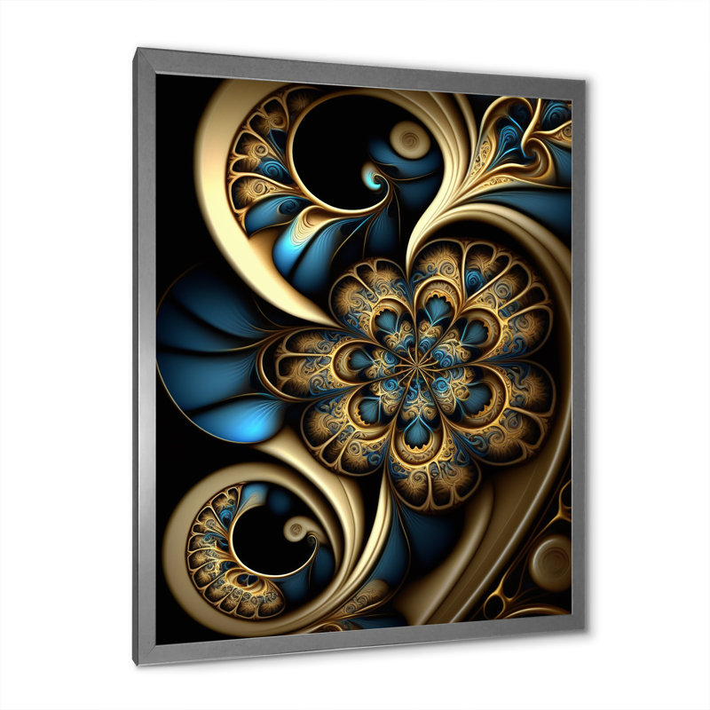 «Fractal Flower» en rétro or et bleu sarcelle foncé sur toile, Cadre simple argenté, H 44 po x l 34 po x P 1,5 po