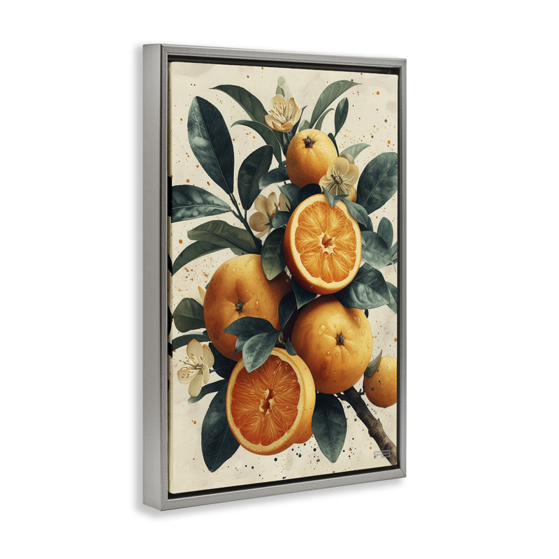 Toile flottante encadrée brune éclatante avec branche d'agrumes par RB, Cadre flottant gris lustré, H 25 po x l 17 po