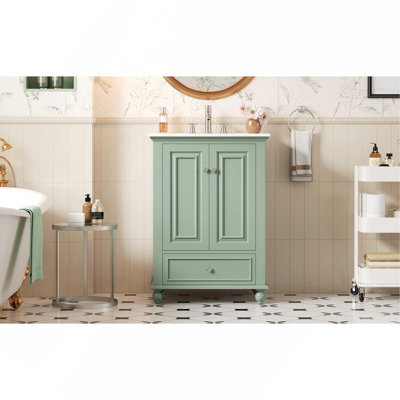 Meuble-lavabo 24 po avec lavabo en céramique, armoire de rangement avec portes à fermeture douce, armoire de salle de bain avec tiroir et séparateurs de tiroir