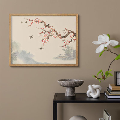 «Blooming Cherry Blossoms and Birds in Traditional Asian Landscape Prints», affiche encadrée rustique