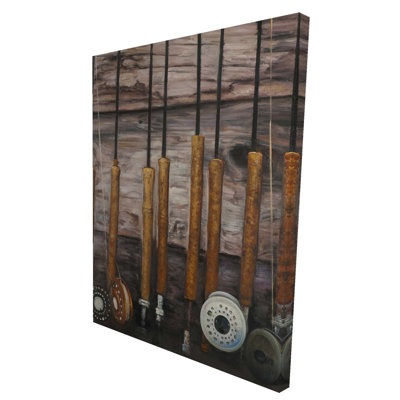 Cannes à pêche sur bois - toile grise brune