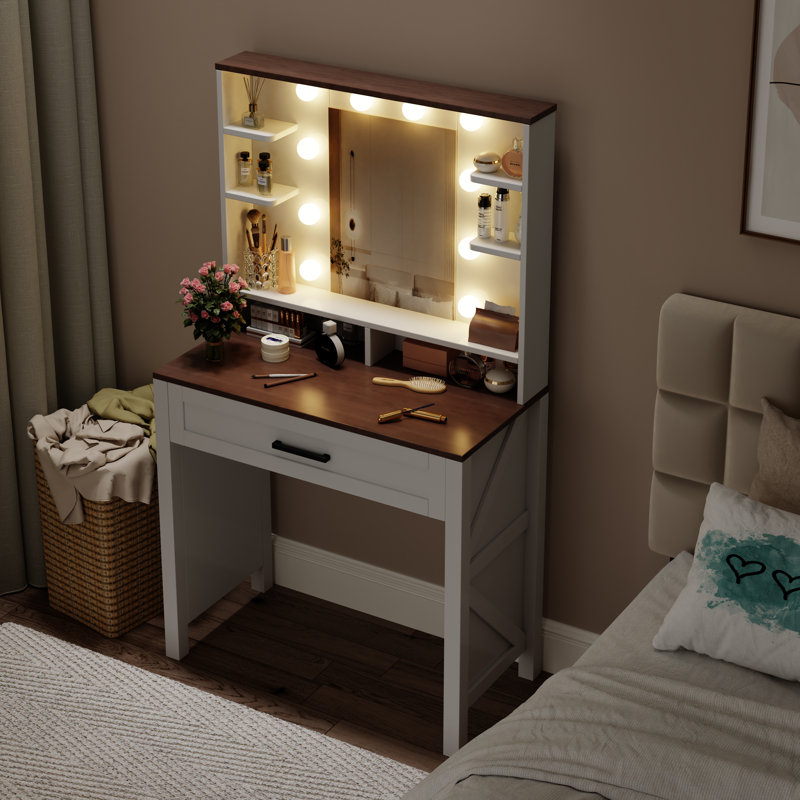 Makeup Vanity With 3 Lighting Colors, White/Brown