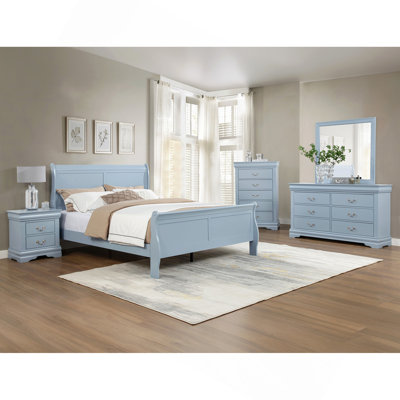 Blue Finish Twin Size Panel Sleigh Youth Bed Solid Wood Wooden Bedroom Furniture