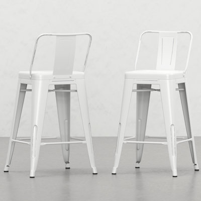 De 2 tabourets de comptoir en métal, 24 pouces, blanc vieilli, confortable pour tabouret de cuisine (2) - mélange de meubles incurvés contemporains et industriels avec dossier incurvé et repose-pieds blancs