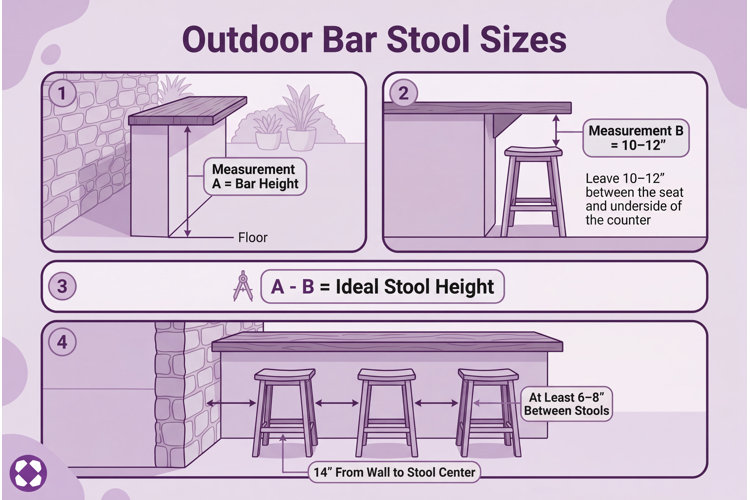 diagram with outdoor bar stool size considerations, including the bar height, seat height, and ideal clearance