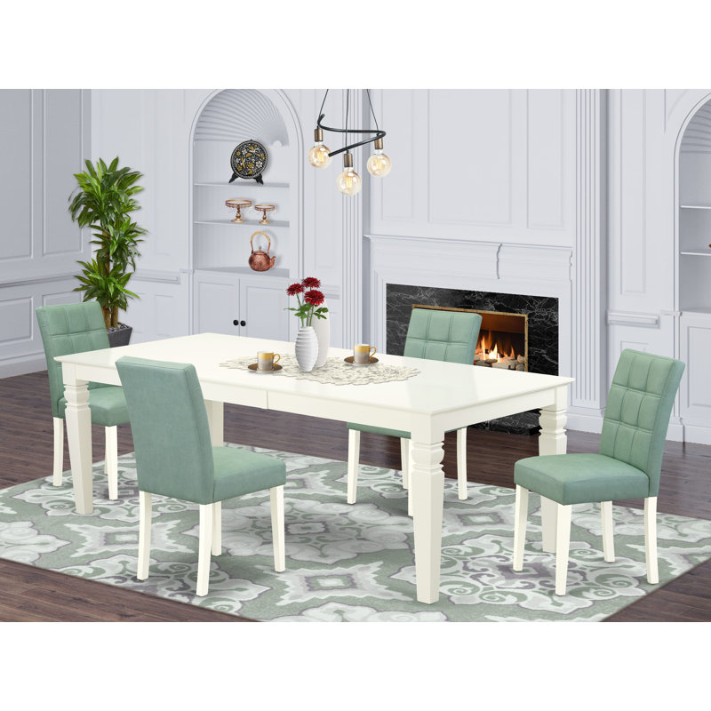 L'ensemble de table de salle à manger 5 pièces se compose d'une table moderne Mid-Century et de 4 chaises en tissu de polyester vert saule, blanc lin