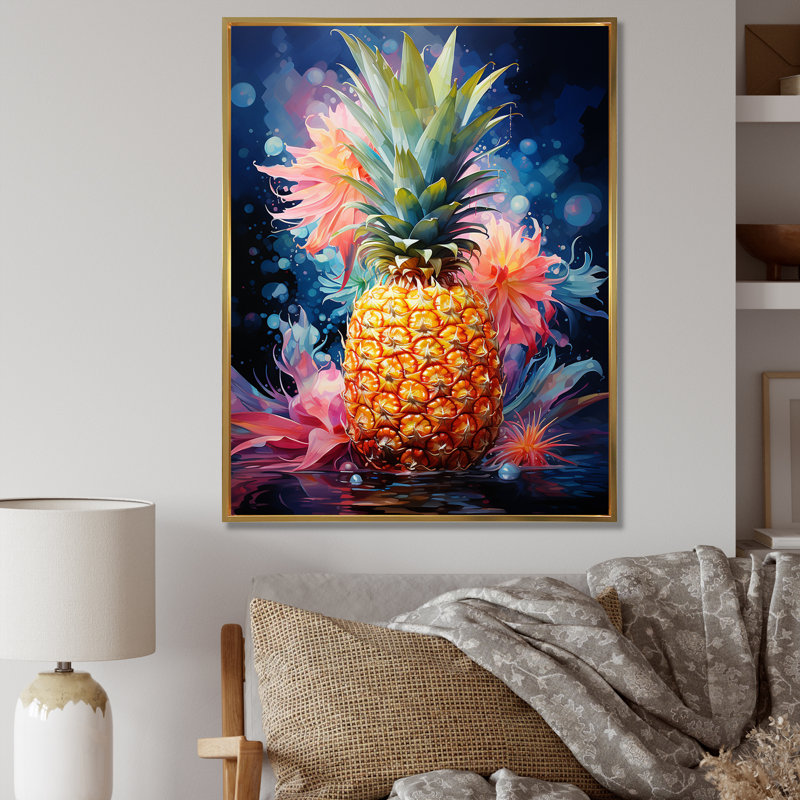 Vert et jaune, ananas cosmique I - ananas, art mural, Encadrement doré, H 44 po x l 34 po
