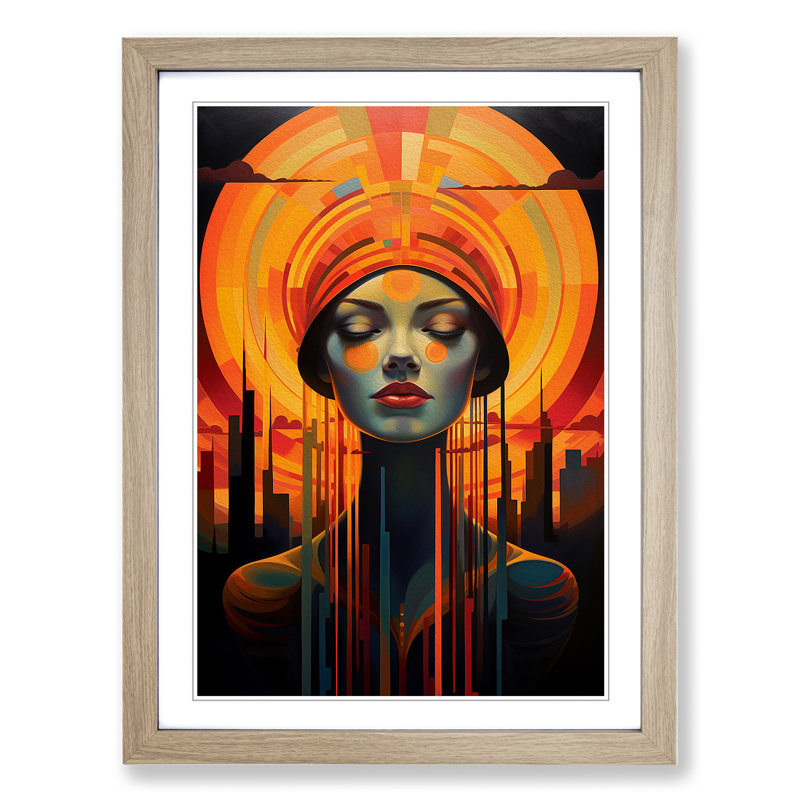 Sunset Art Deco No.2 - Framed Print, 34cm H x 25cm W x 2cm D, Oak