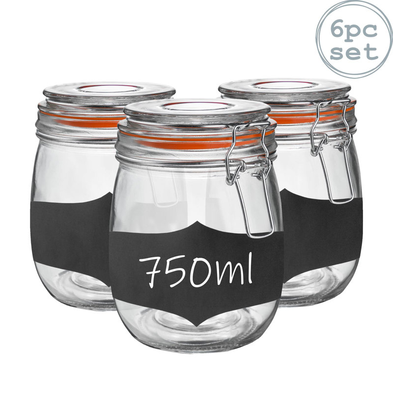Argon Tableware - Glass Storage Jars with Labels - 750ml - Set of 6, Orange/Clear