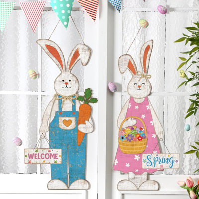 2 Pcs Easter Bunny Hanging Sign Easter Wooden Front Door Spring Decorations Large Hanging Rabbit Hanger For Front Door Bunny Porch Signs Holding Carrots Eggs For Home