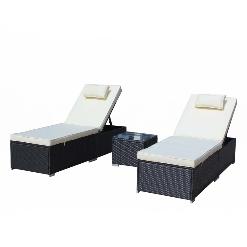 3-Piece Outdoor Patio Furniture Set Chaise Lounge With Glass Coffee Table, Adjustable Back And Feet, Beige