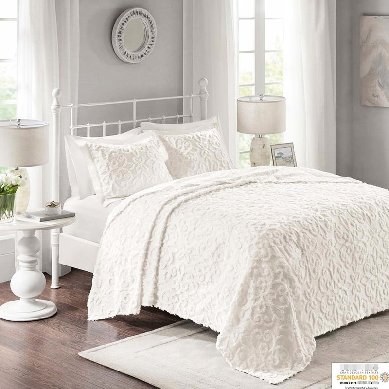 Couvre-lit en chenille de coton Shabby Chic - double / grand, 3 pièces, avec 2 taies décoratives, pièce lavable à la machine