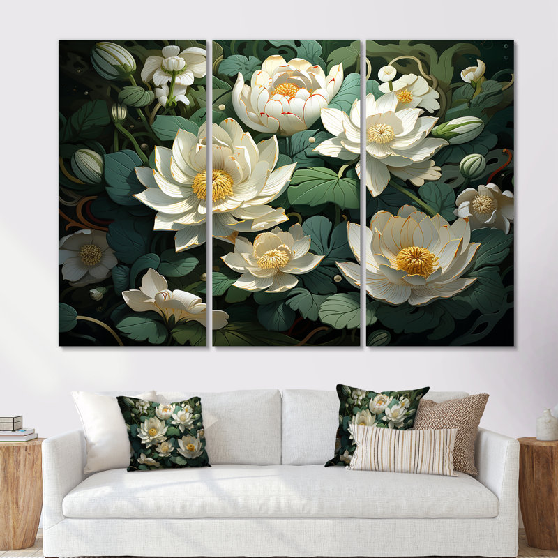 Fleurs de lotus méticuleusement rendues - ensemble d'art sur toile de lotus, Toile tendue, H 28 po x l 36 po x P 1 po