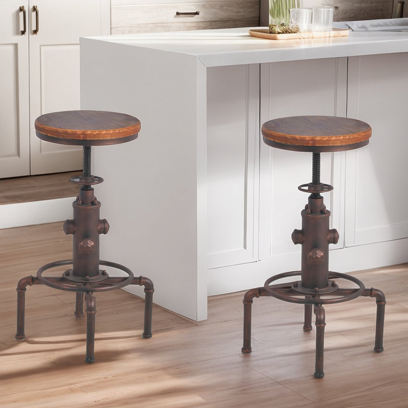 Set Industrial Bar Stools Vintage Counter Stool For Kitchen Island Farmhouse Breakfast Dining Chair 24.01-29.92Inch Height Adjustable Fire Hydrant Design (Copper)
