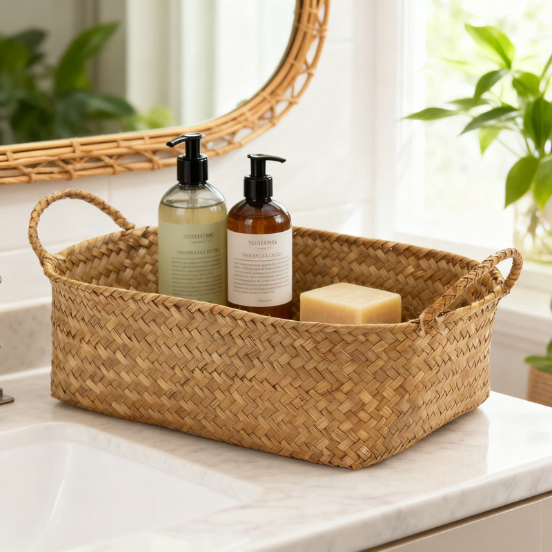 Seagrass Storage Baskets With Handles, Stackable Woven Organizer Set Of 3, Natural Rattan Shelf Bin For Home Office Organization