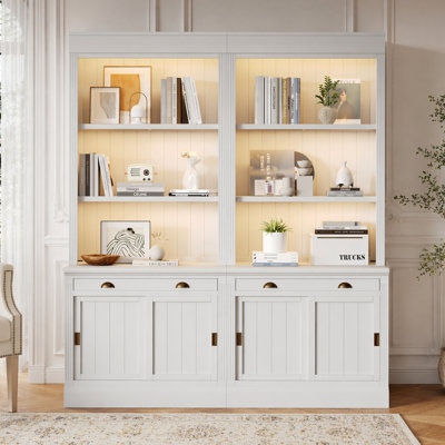 Ensemble de bibliothèque de 83,4 po de hauteur avec éclairage à DEL, ensemble de bibliothèque moderne avec portes coulissantes, tiroirs et tablettes ouvertes, bibliothèque de rangement pour le salon, bureau personnel, blanc