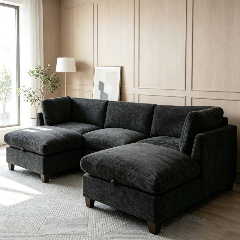 Canapé modulaire 96,5 po pour salon, canapé rembourré en chenille douce, Noir - 2Ottman