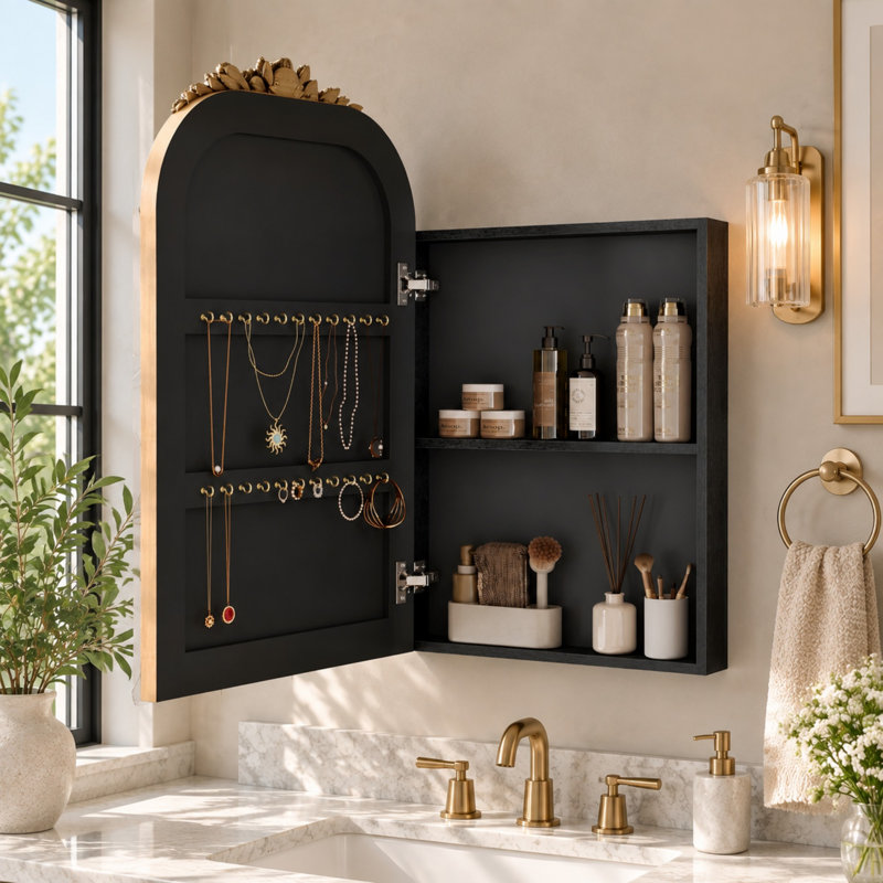 Armoire de salle de bain murale en forme d'arche avec miroir, tablette de rangement et crochets à bijoux