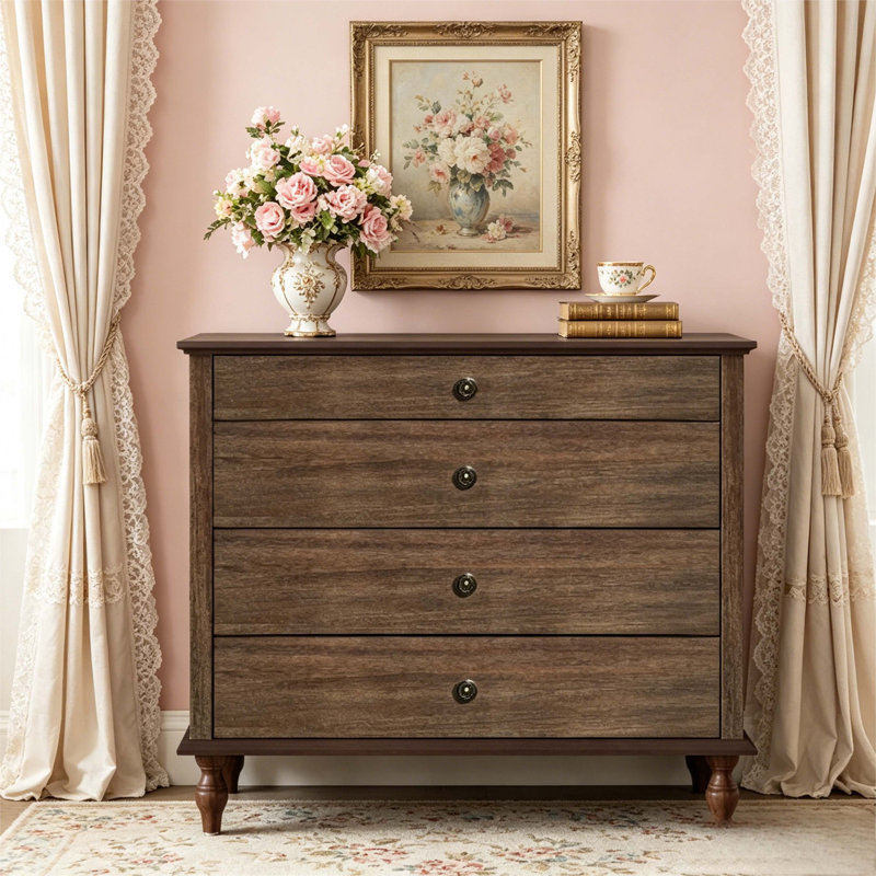Commode 4 tiroirs brun foncé brossé avec pieds en bois tourné, commode rustique pour chambre à coucher et chambre de bébé