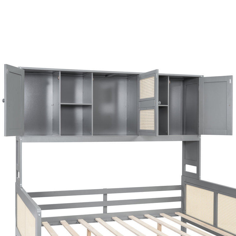 Lit de jour double en bois avec gigogne, armoire et tablette, Gris, Lit double