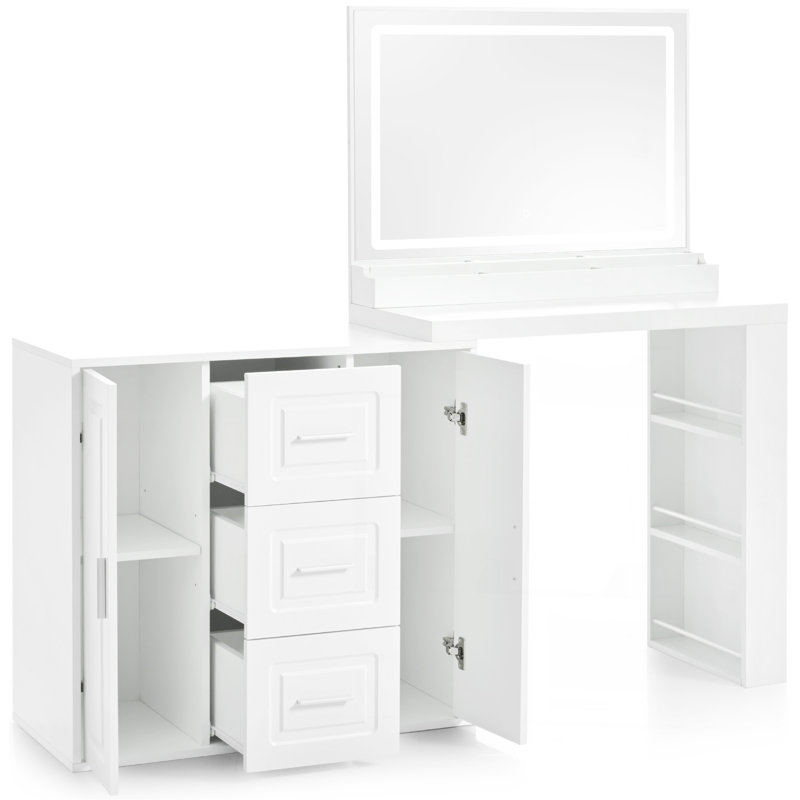 Meuble-lavabo 59 po avec miroir, miroir de coiffeuse avec lumières, coiffeuse avec 3 tiroirs et 2 armoires, coiffeuse avec tablettes de rangement pour la chambre à coucher, blanc
